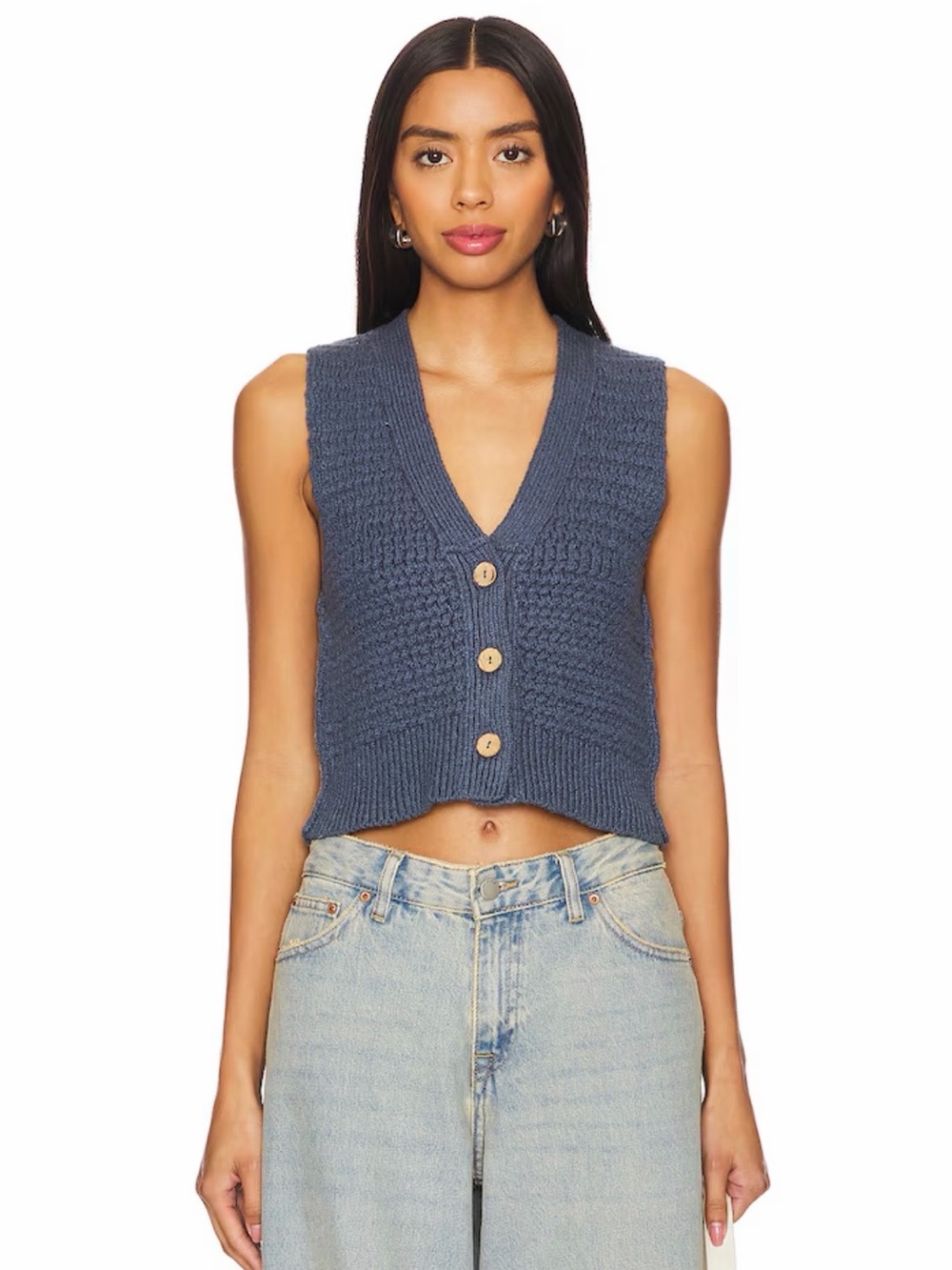 We The Free Chunky Knit Button-Front Vest in Slate Blue
